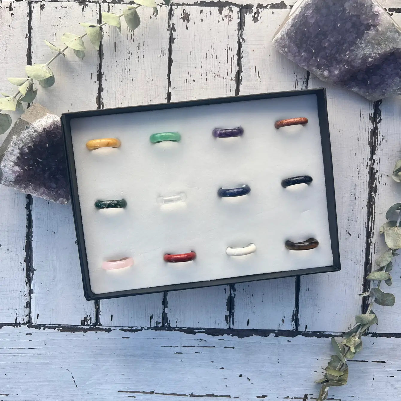 Gemstone Band Ring Set - Assortment 12 Pcs With Ring Tray