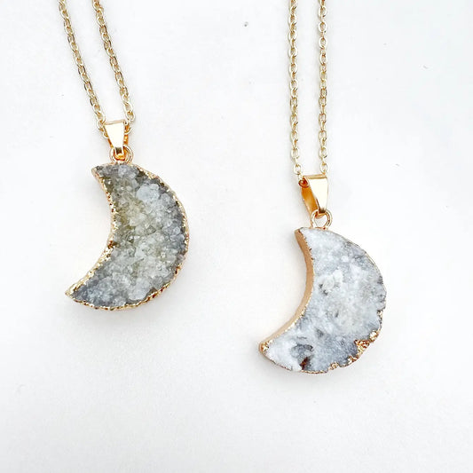 Druzy Agate Crescent Moon Necklace - 4 Pcs