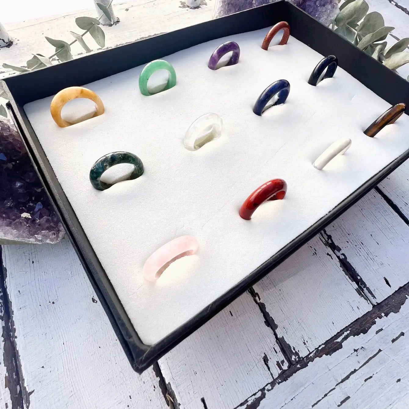 Gemstone Band Ring Set - Assortment 12 Pcs With Ring Tray
