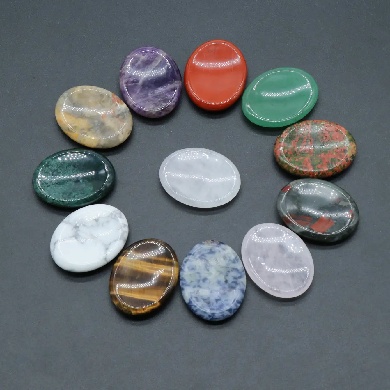 Hand-Carved Gemstone Worry Stones - Assortment 24 Pcs