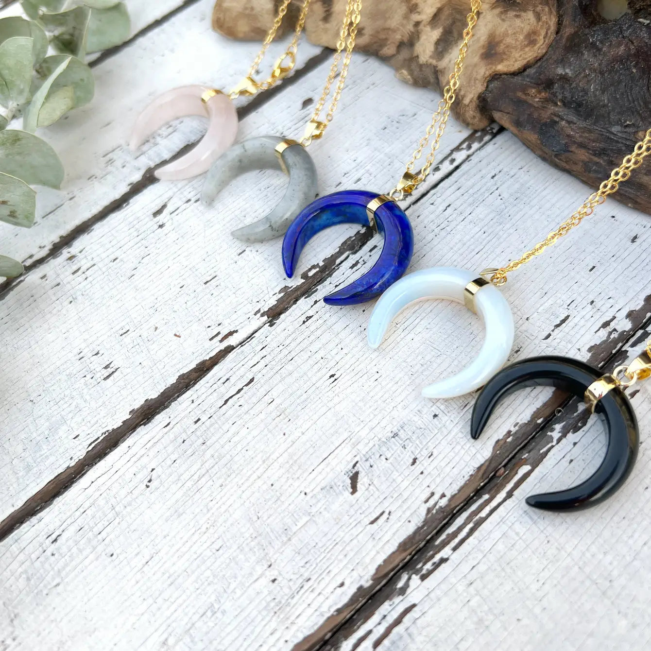 Natural Stone Double Horn Necklace - Assortment 6 Pcs