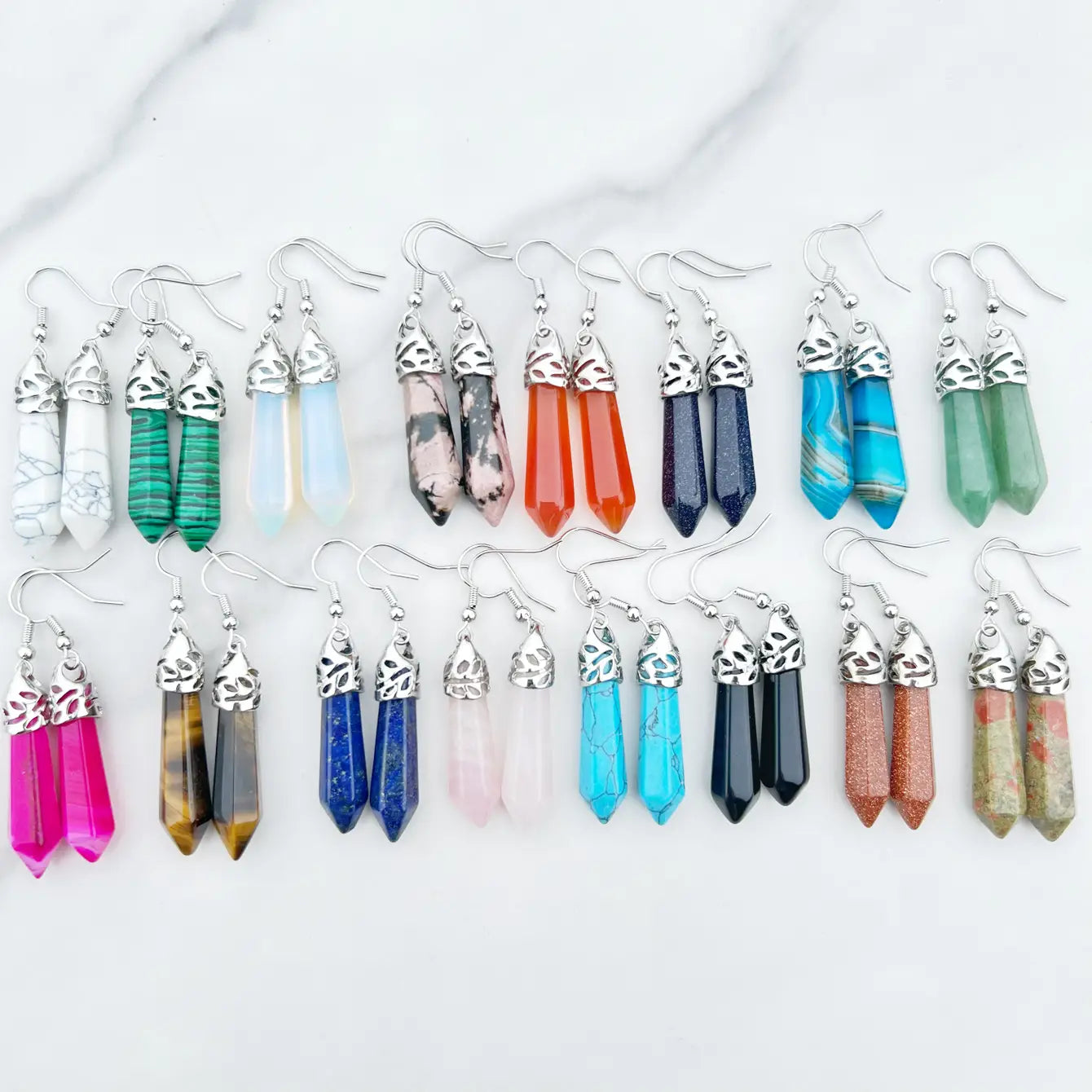Healing Gemstone Hexagon Point Earring - Assortment 8 Pairs