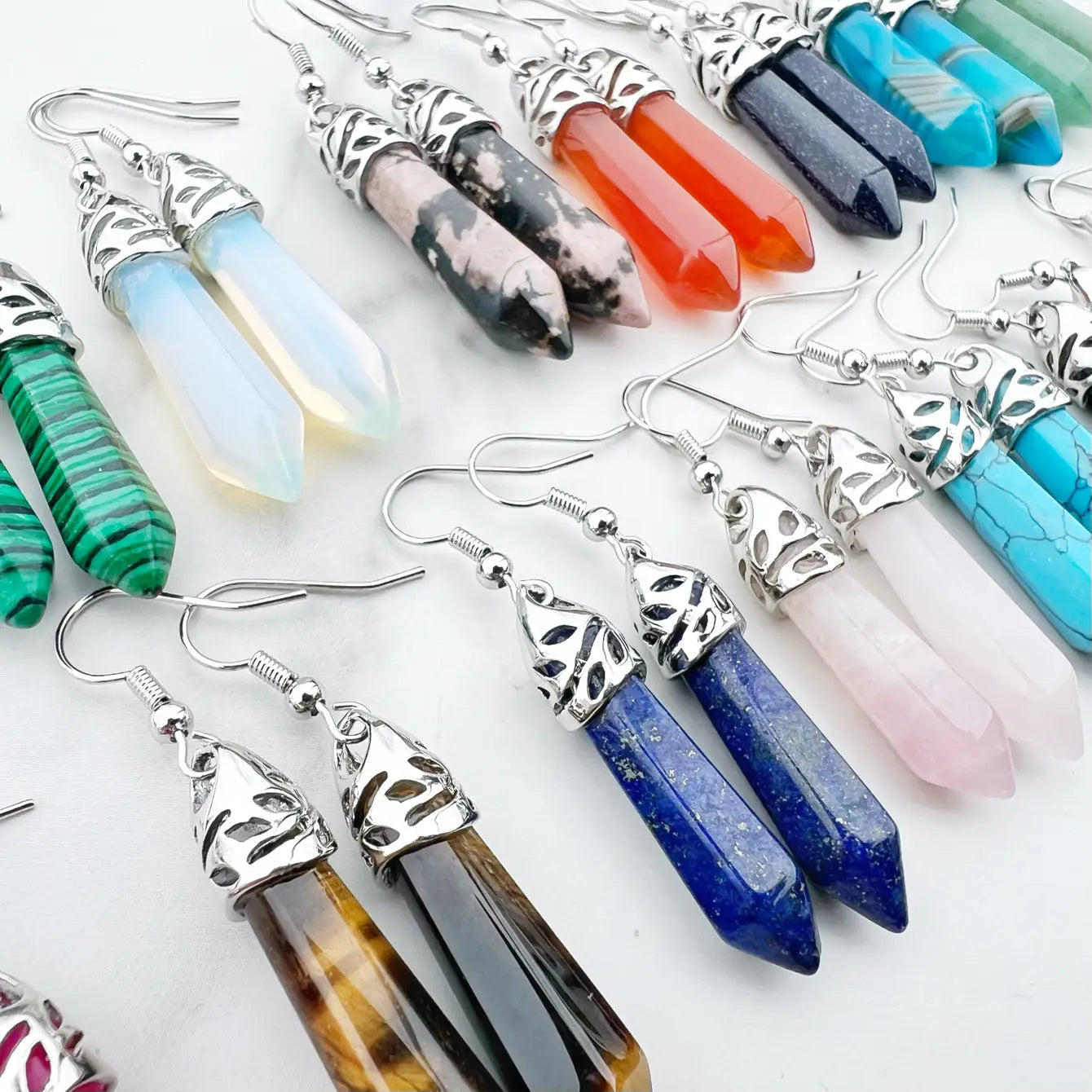 Healing Gemstone Hexagon Point Earring - Assortment 8 Pairs