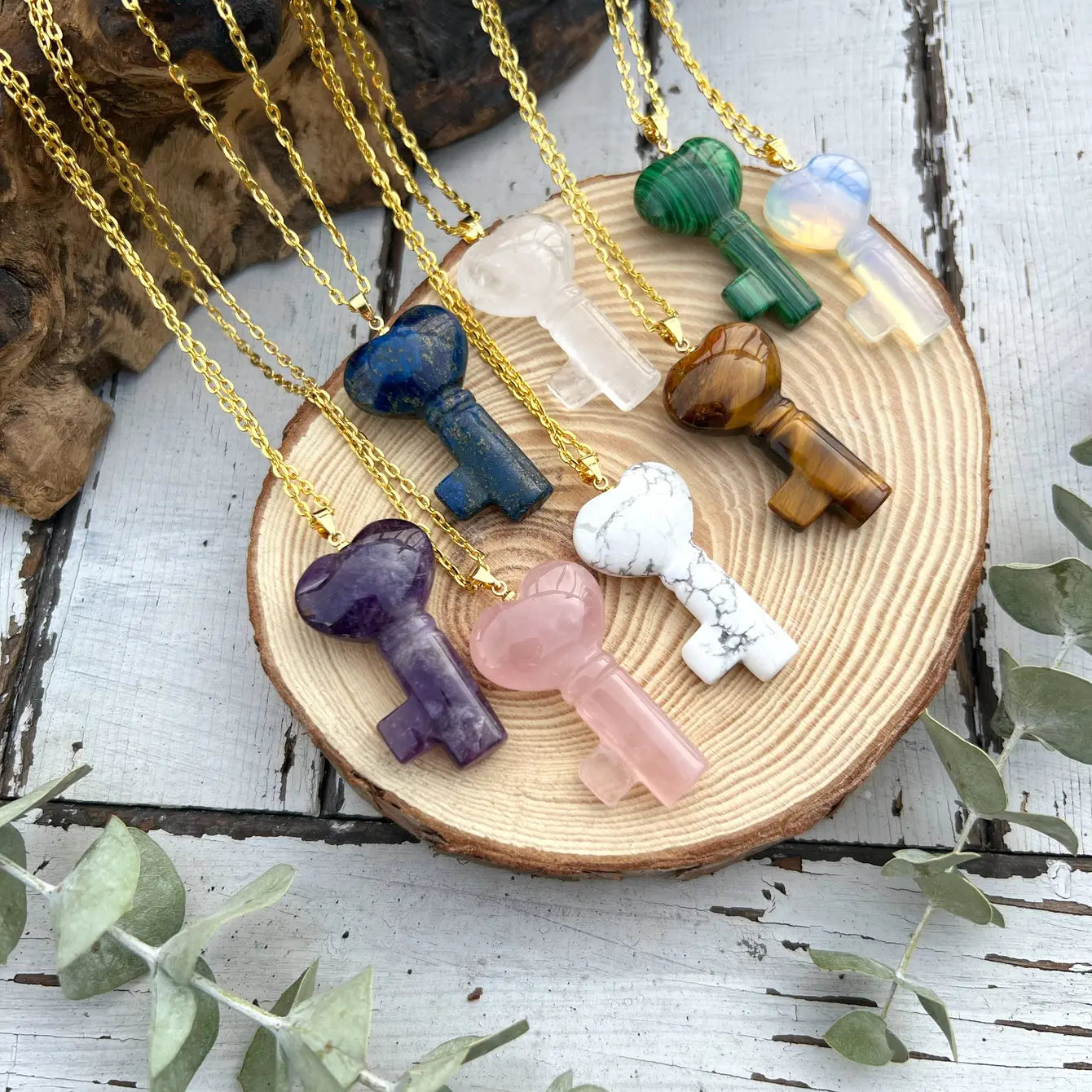 Genuine Gemstone Key Necklace - Assortment 6 Pcs