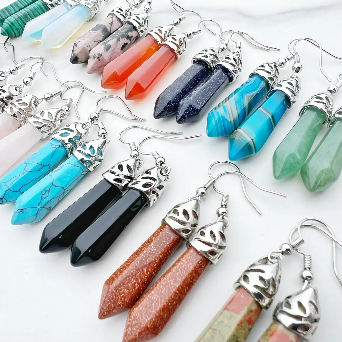 Healing Gemstone Hexagon Point Earring - Assortment 8 Pairs