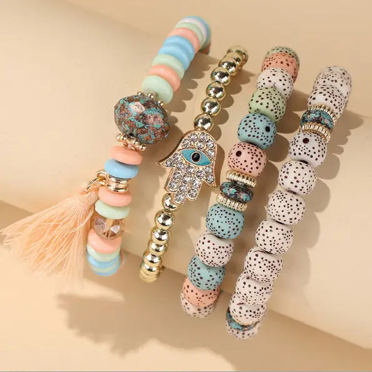 Hamsa Protection Stack Layering Bracelet Set - Assortment - 10 pcs