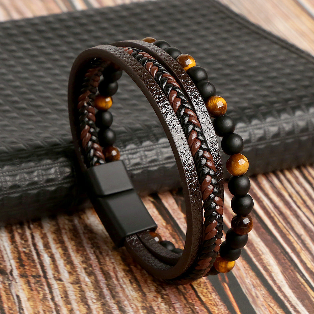 Gemstone Men's Leather Bracelets - 8 Pcs