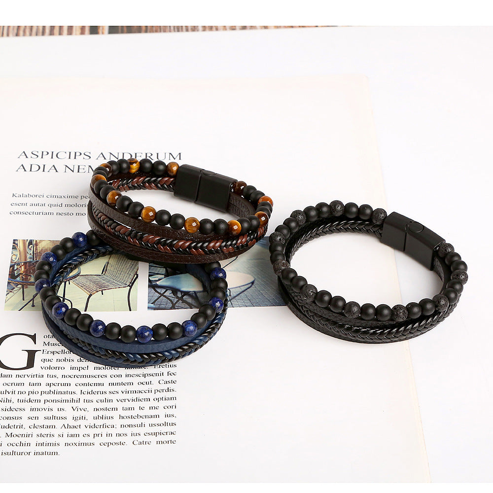Gemstone Men's Leather Bracelets - 8 Pcs