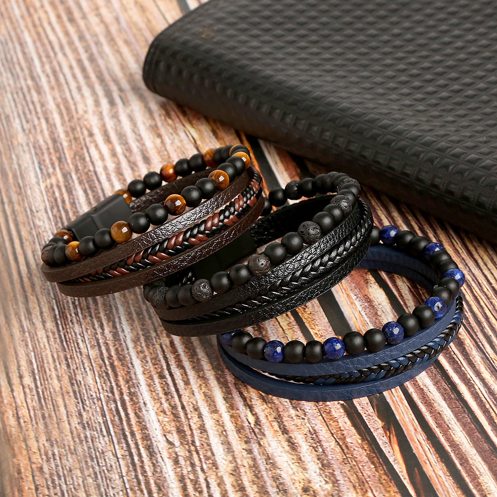 Gemstone Men's Leather Bracelets - 8 Pcs