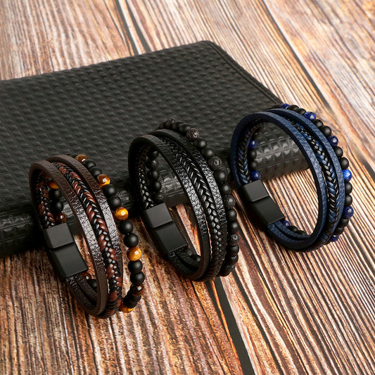 Gemstone Men's Leather Bracelets - 8 Pcs