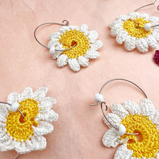 Daisy Floral Crochet Earrings - 12 Pairs With Display