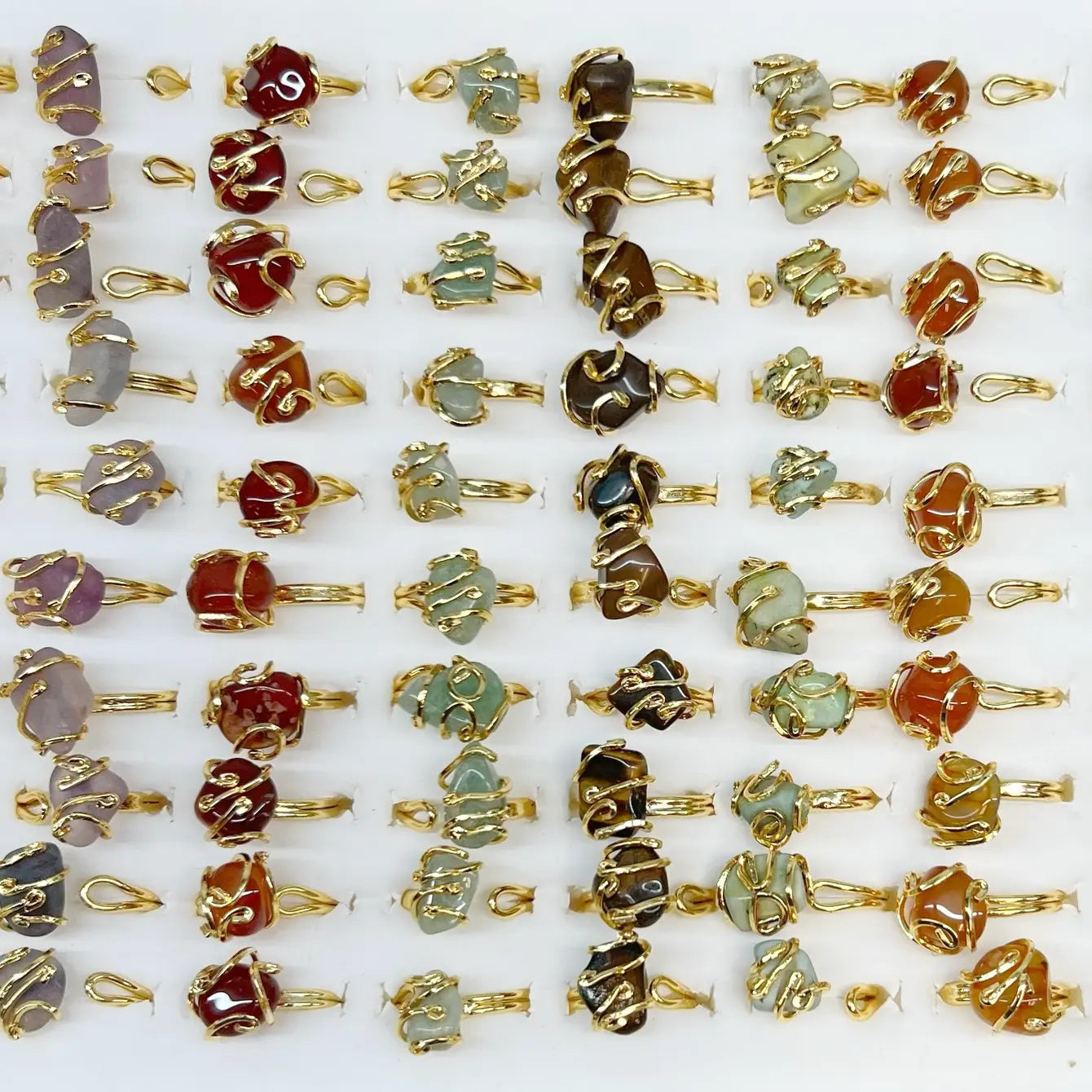 Wire-Wrapped Gemstone Open Ring Set - 100 Pcs