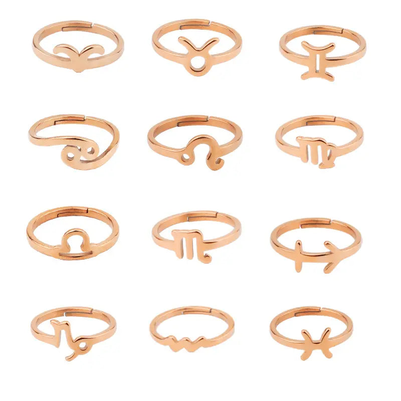 Zodiac Ring Set -Rose Gold - 12 Pcs With Ring Tray