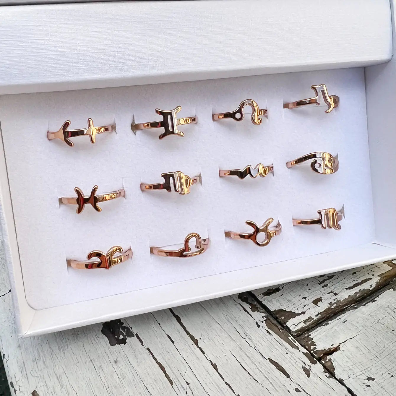 Zodiac Ring Set -Rose Gold - 12 Pcs With Ring Tray